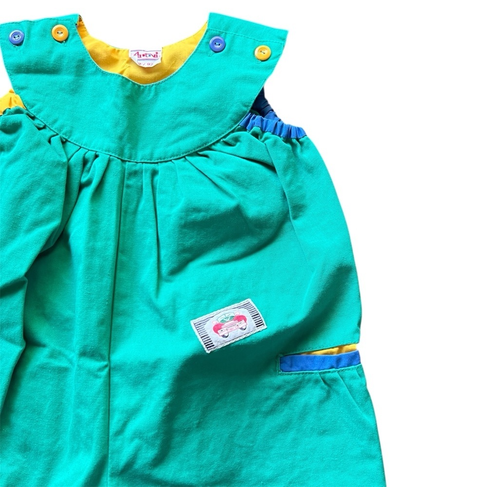 Vintage 1990s Art Viti Color block Green Blue Romper Overalls Unisex Kids Retro - Picture 3 of 15